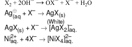 X2 + 2OH- -> OX- + X- + H2O; Ag+(aq) + X- -> AgX(s); AgX(s) + X- -> [AgX2]-(aq) (White); Ni2+(aq) + 4X- -> [NiX4]2-(aq)