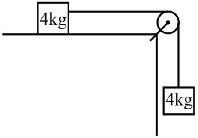 Two 4 kg blocks with ideal string, one on smooth table and one hanging over pulley