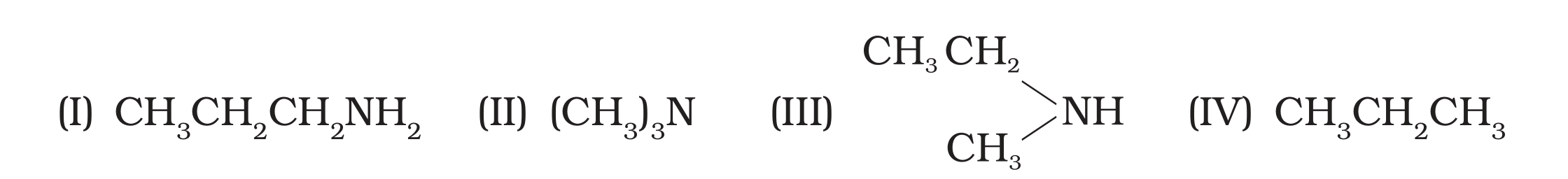 NCERT Exemplar Unit 13 Q26 printed compounds (I) propylamine, (II) trimethylamine, (III) diethylamine, (IV) propane