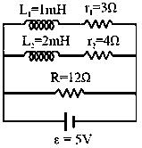 Question diagram: Two inductors L i (inductance 1 mH , internal resistance 3 Ω