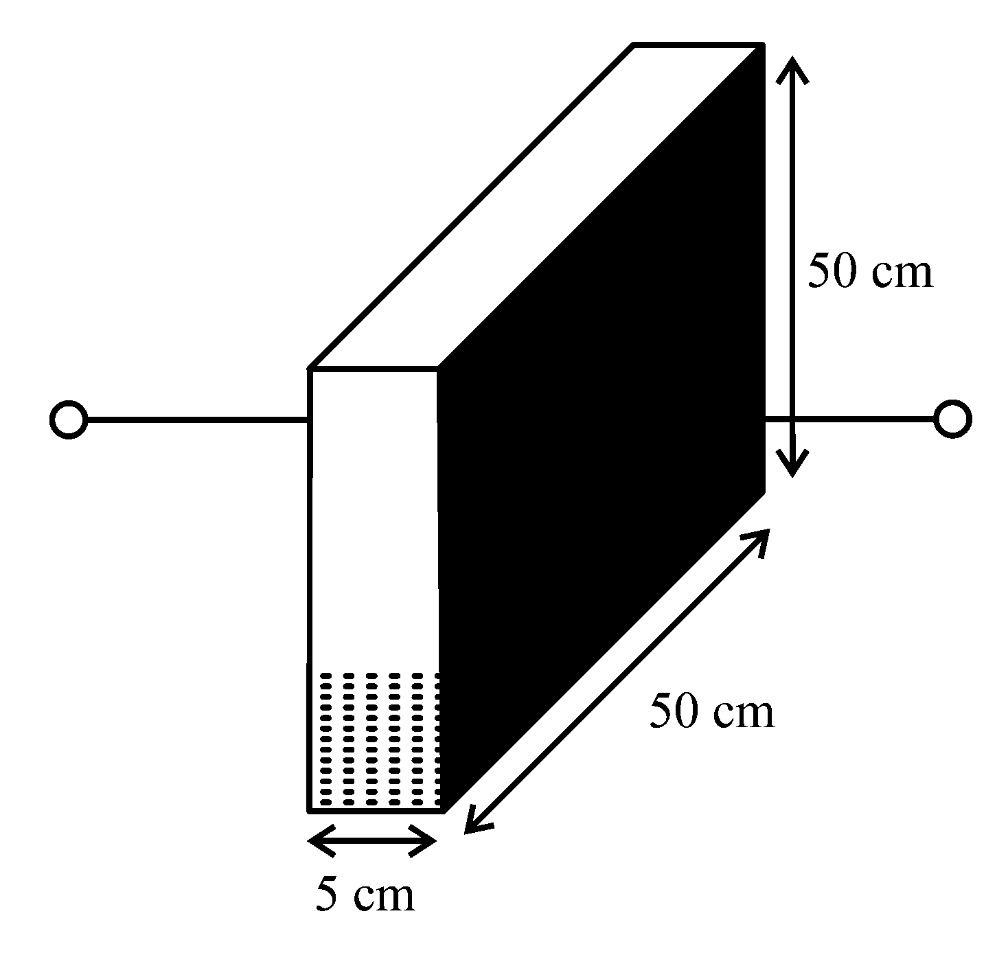 Question diagram: A container has a base of 50 cm × 5 cm and height 50 cm , as