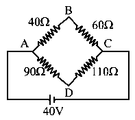 Question diagram: Four resistance 40 Ω , 60 Ω , 90 Ω 110 Ω and make the arms o