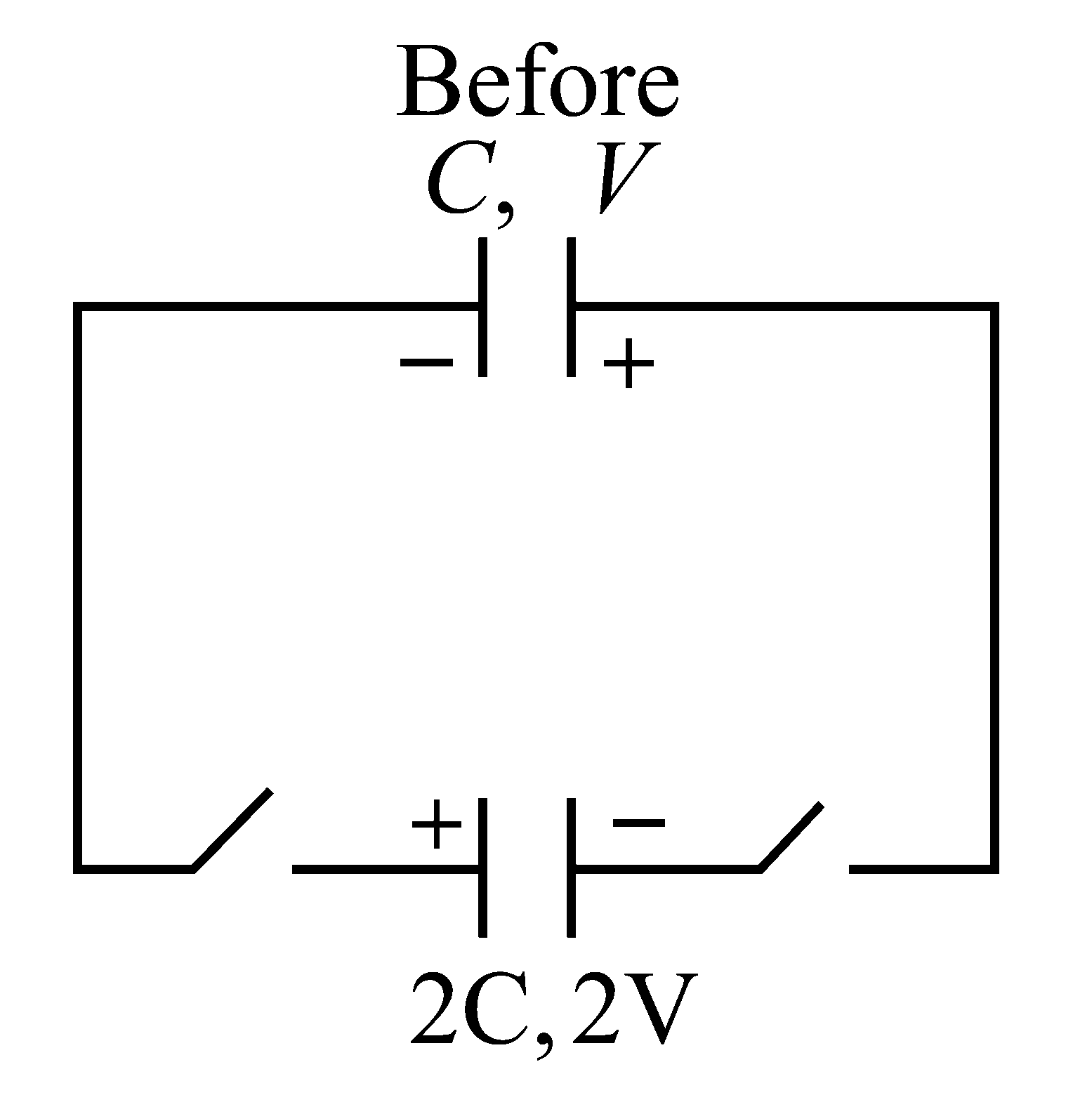 Question diagram: Two capacitors of capacitances C and 2 C are charged to pote