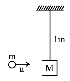 Question diagram: A simple pendulum of length 1 m has a wooden bob of mass 1 k