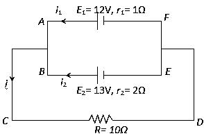Question diagram: Two batteries with e.m.f. 12 V and 13 V are connected in par