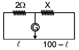 Question diagram: In a metre-bridge when a resistance in the left gap is 2 Ω a