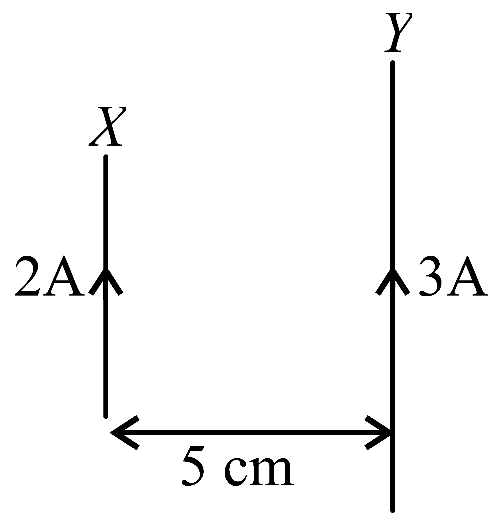 Question diagram: A wire X of length 50 cm carrying a current of 2 A is placed
