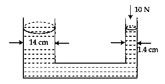 Question diagram: A hydraulic press containing water has two arms with diamete