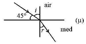 Question diagram: Light enters from air into a given medium at an angle of 45 