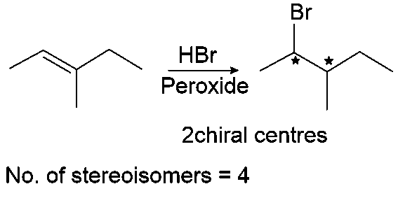 Question diagram: 3 - Methylhex-2-ene on reaction with HBr in presence of pero