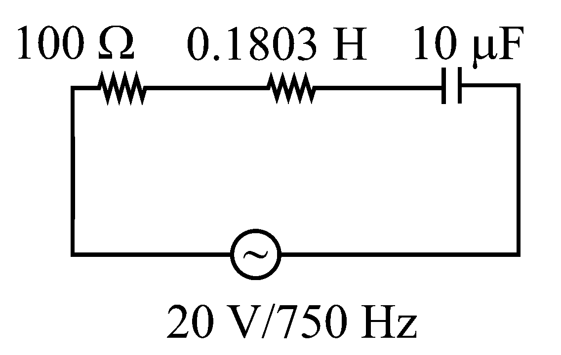 Question diagram: A 750 Hz , 20 V rms source is connected to a resistance of 1