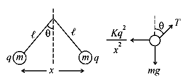 Question diagram: Two identical tennis balls each having mass m and charge q a
