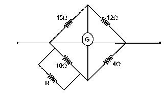 Question diagram: Four resistances of 15 Ω , 12 Ω , 4 Ω and 10 Ω respectively