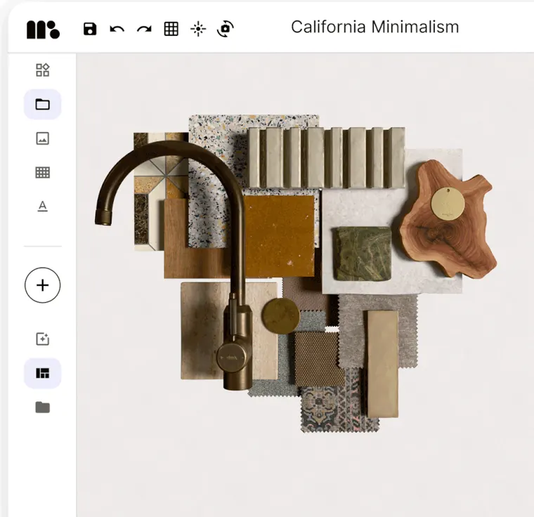 A curated 3D material board template filling with real materials