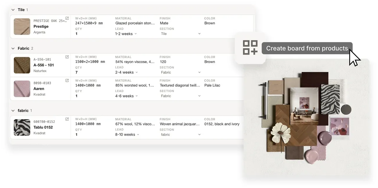 An FF&E schedule of real products with a Create board from products action and the 3D material board it creates