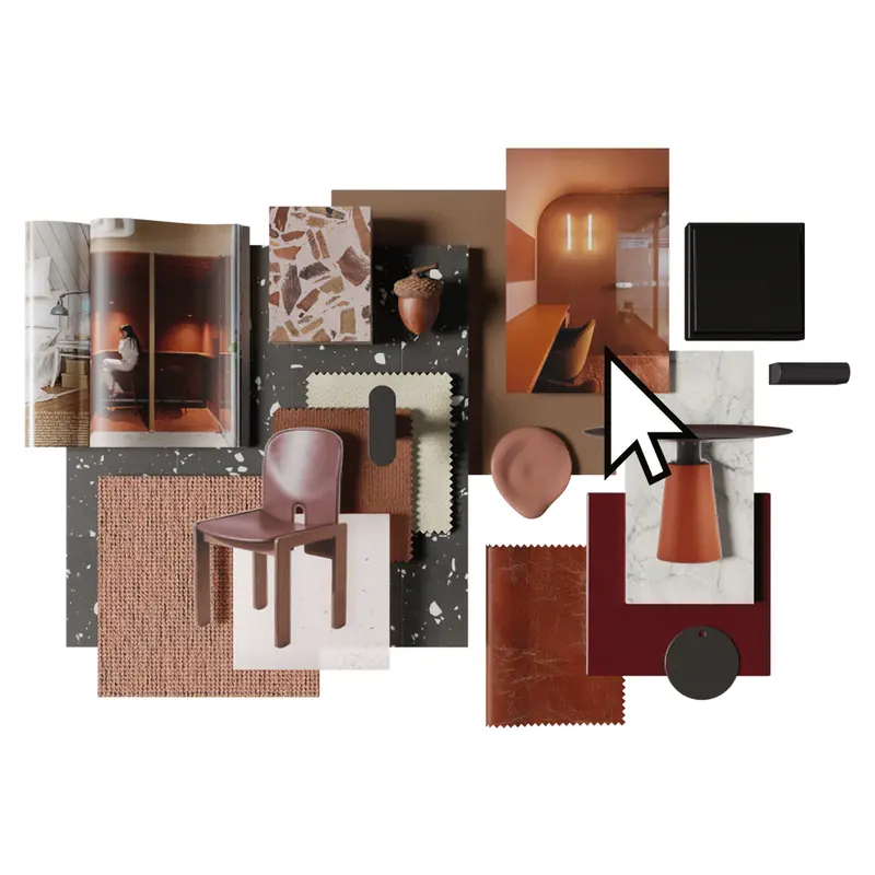 A 3D material board of real products turning into a photorealistic DeepRender image