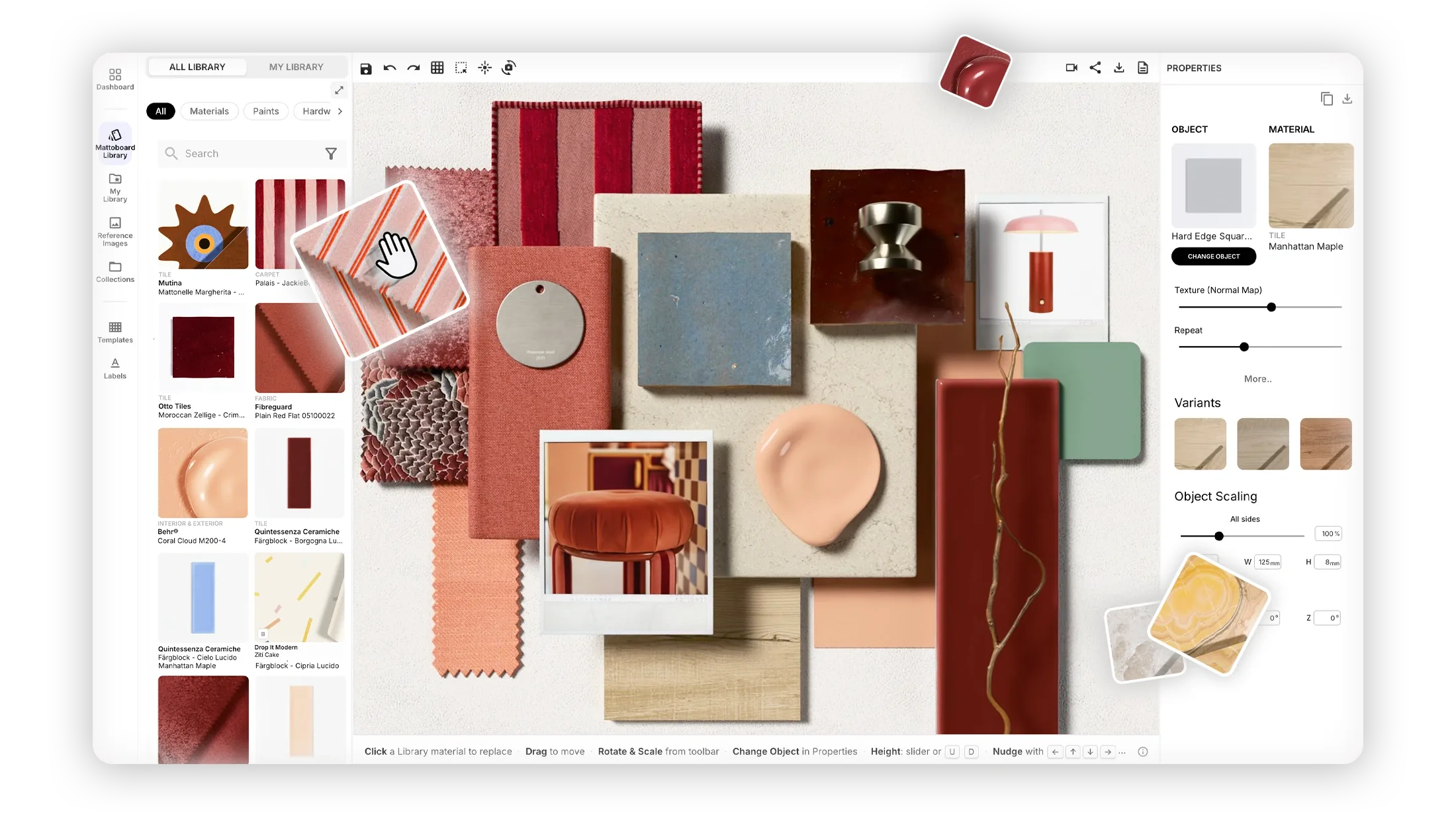 The MattoBoard 3D material board editor: real branded fabrics, tiles and paints arranged as Virtual Samples, with material and object properties