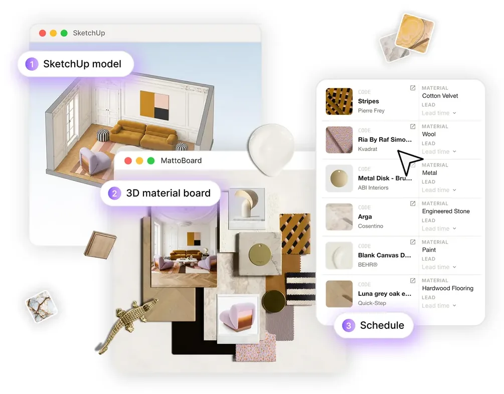 A SketchUp model, the 3D material board made from it and the matching schedule