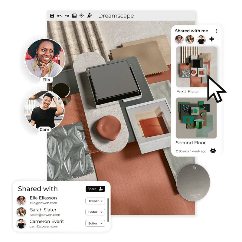 Colleagues sharing a 3D material board with owner and editor roles