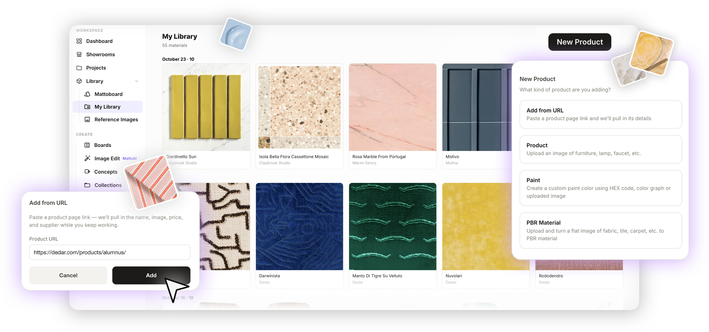 My Library in MattoBoard with the New Product menu, showing Add from URL, Product, Paint and PBR Material, and a product link being added from a supplier website