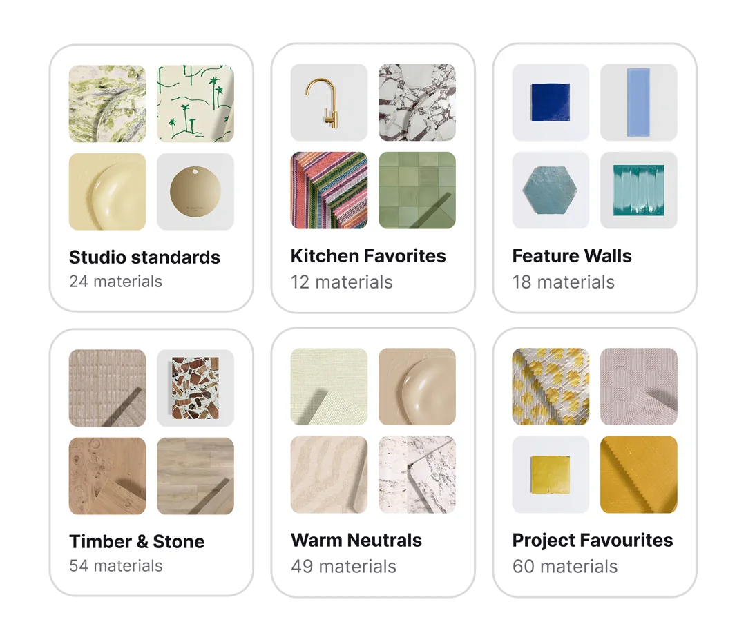 Named material collections in MattoBoard, such as Kitchen Favourites, Feature Walls and Timber & Stone, each showing its materials