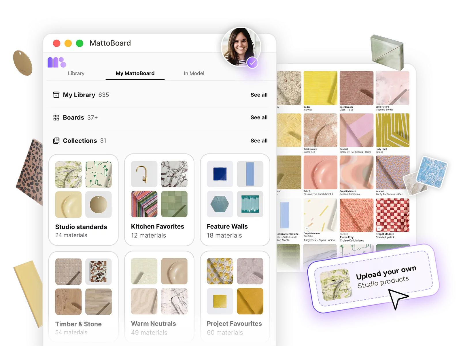 My Library in MattoBoard with saved boards and named material collections, alongside a grid of real branded materials and an option to upload your own studio products