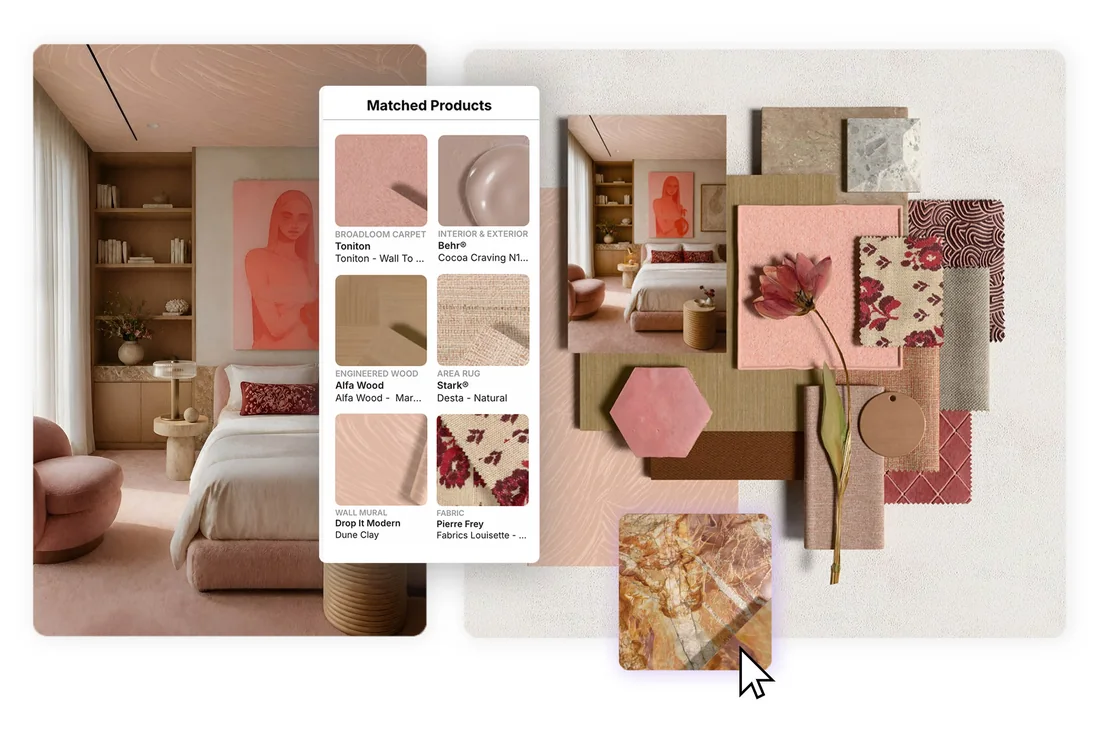 A concept image, its matched products and the 3D material board built from them