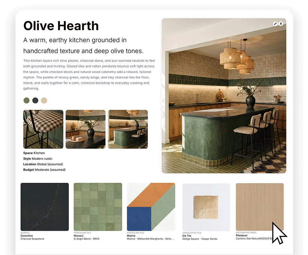 A generated concept, Olive Hearth, with its matched real products