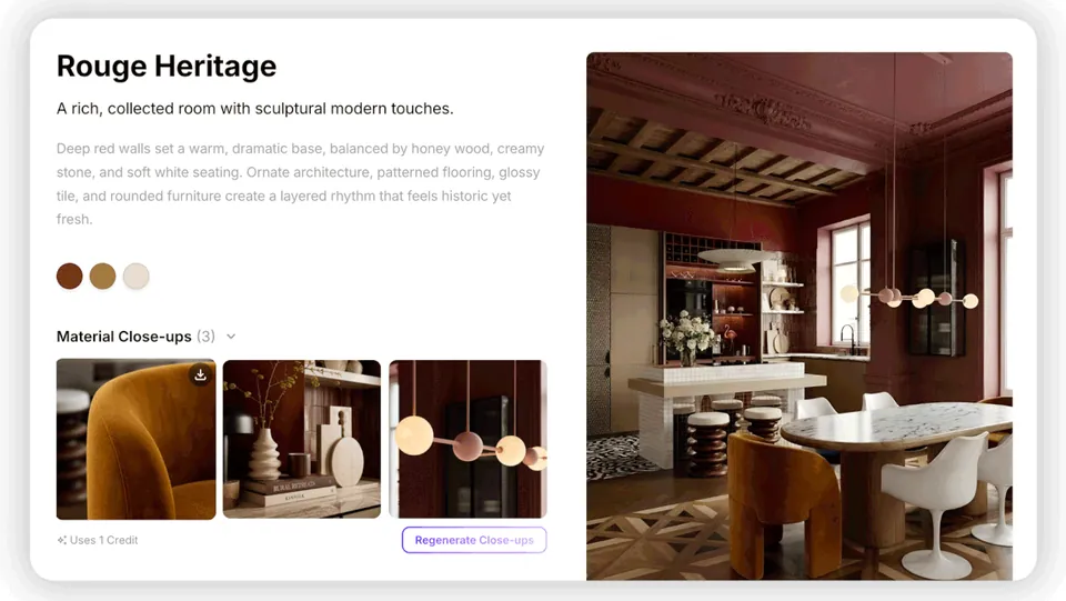 Material close-ups generated from the Rouge Heritage concept