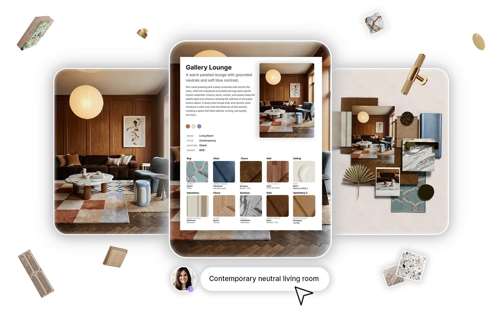 A generated concept, Gallery Lounge: a contemporary neutral living room with its matched real products and a 3D material board