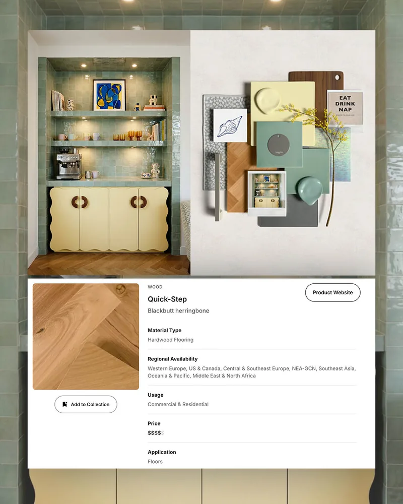 A concept, its 3D material board and a matched product’s details