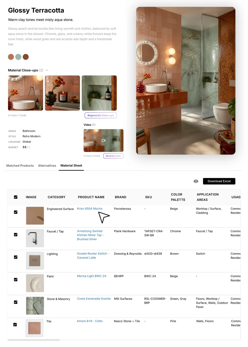 Glossy Terracotta concept with its material sheet: product names, brands, SKUs and Excel download