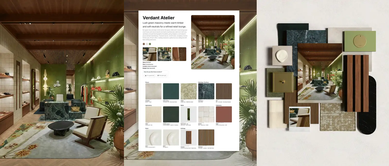 Concept presentations: a generated interior, its concept page with matched real products, and the material board made from it