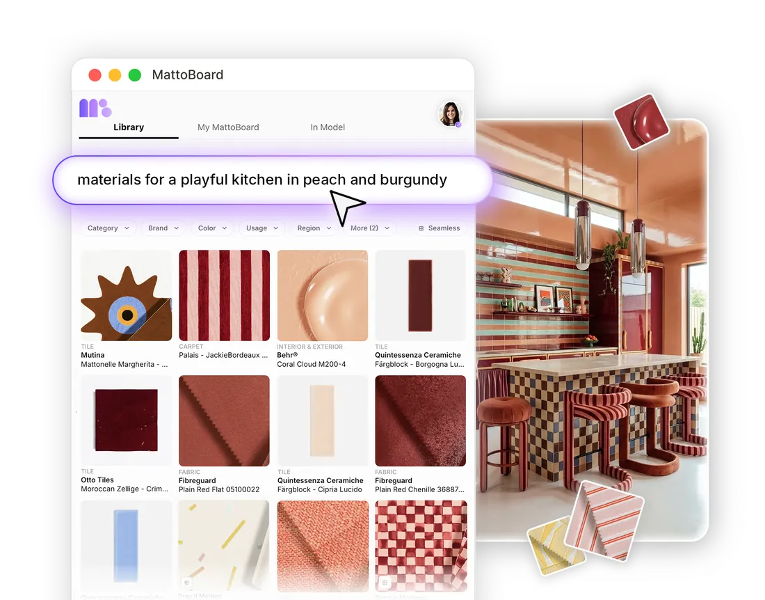 Searching “materials for a playful kitchen in peach and burgundy” in natural language, with matching real products