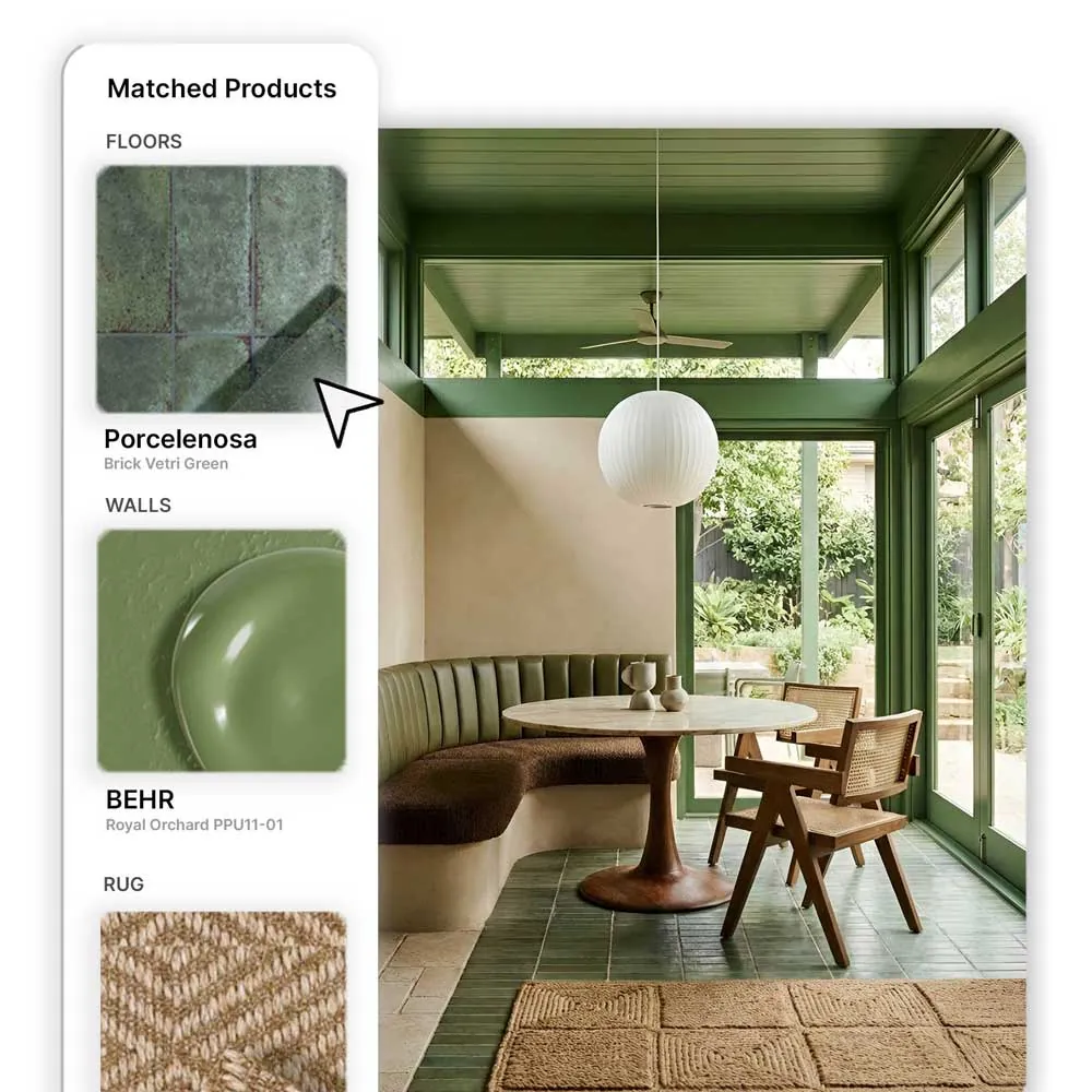An interior photo with the real products matched to it: Porcelanosa floor tiles, BEHR wall paint and a rug