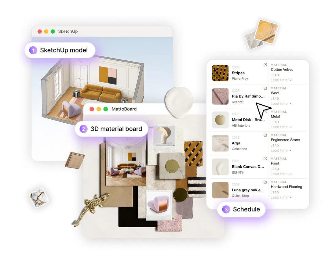 From a SketchUp model to a 3D material board and an FF&E schedule of the selected real products