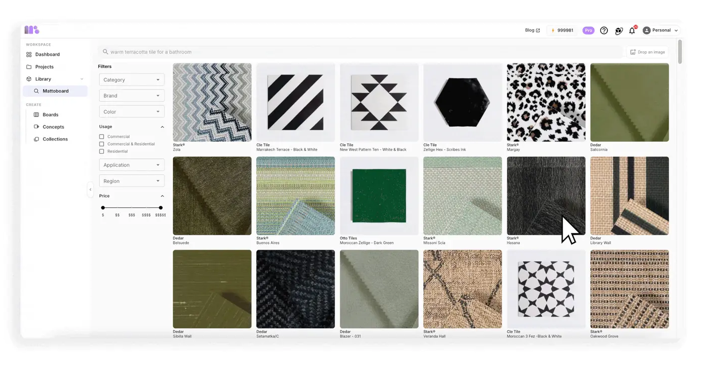 MattoBoard’s material library for interior designers: a natural-language search with filters for category, brand, colour, usage, application, region and price