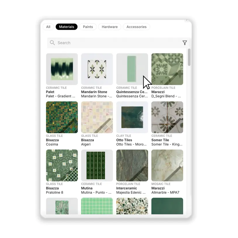 Browsing branded paints, tiles and hardware in MattoBoard’s material library