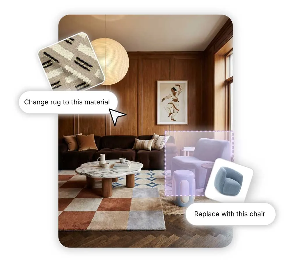 Changing a rug to a chosen material and replacing a chair in an interior image