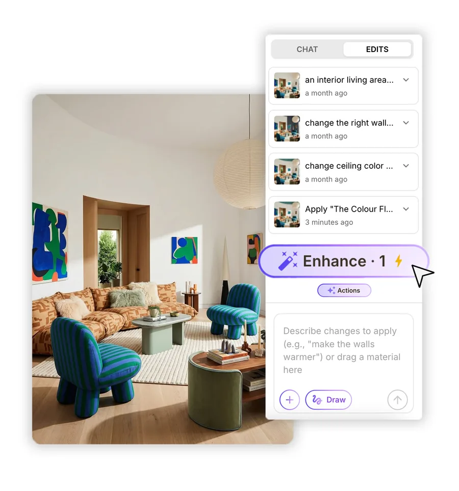 The Enhance button in the Edits panel, next to an edited living room image