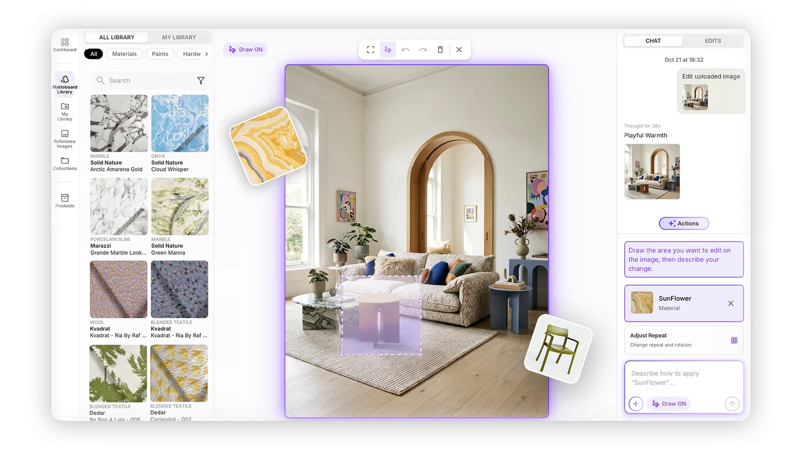MattoBoard’s interior image editor: a living room with a pen-tool selection, the material library and the chat panel
