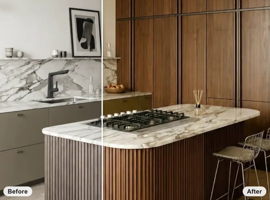 Before and after: a kitchen photo edited with new wood cabinetry and finishes