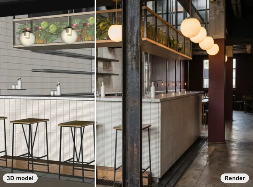A 3D model view of a restaurant bar beside its photoreal render