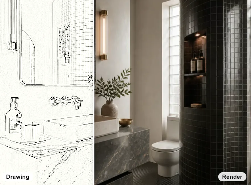 A line drawing of a bathroom beside the photoreal room rendered from it