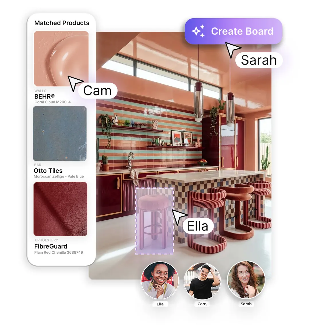 Designers collaborating on a concept with matched real products and a Create Board action