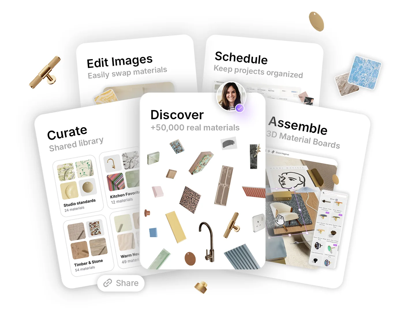 MattoBoard feature cards: Discover 50,000+ real materials, Curate a shared library, Assemble 3D material boards, Edit images and Schedule