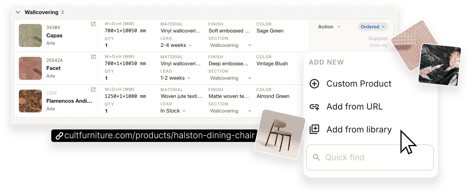 Adding products to a schedule: Custom Product, Add from URL, Add from library and Quick find