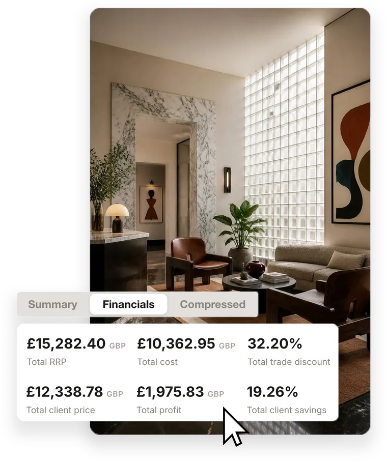 Financials totals for a schedule: RRP, cost, trade discount, client price, profit and client savings