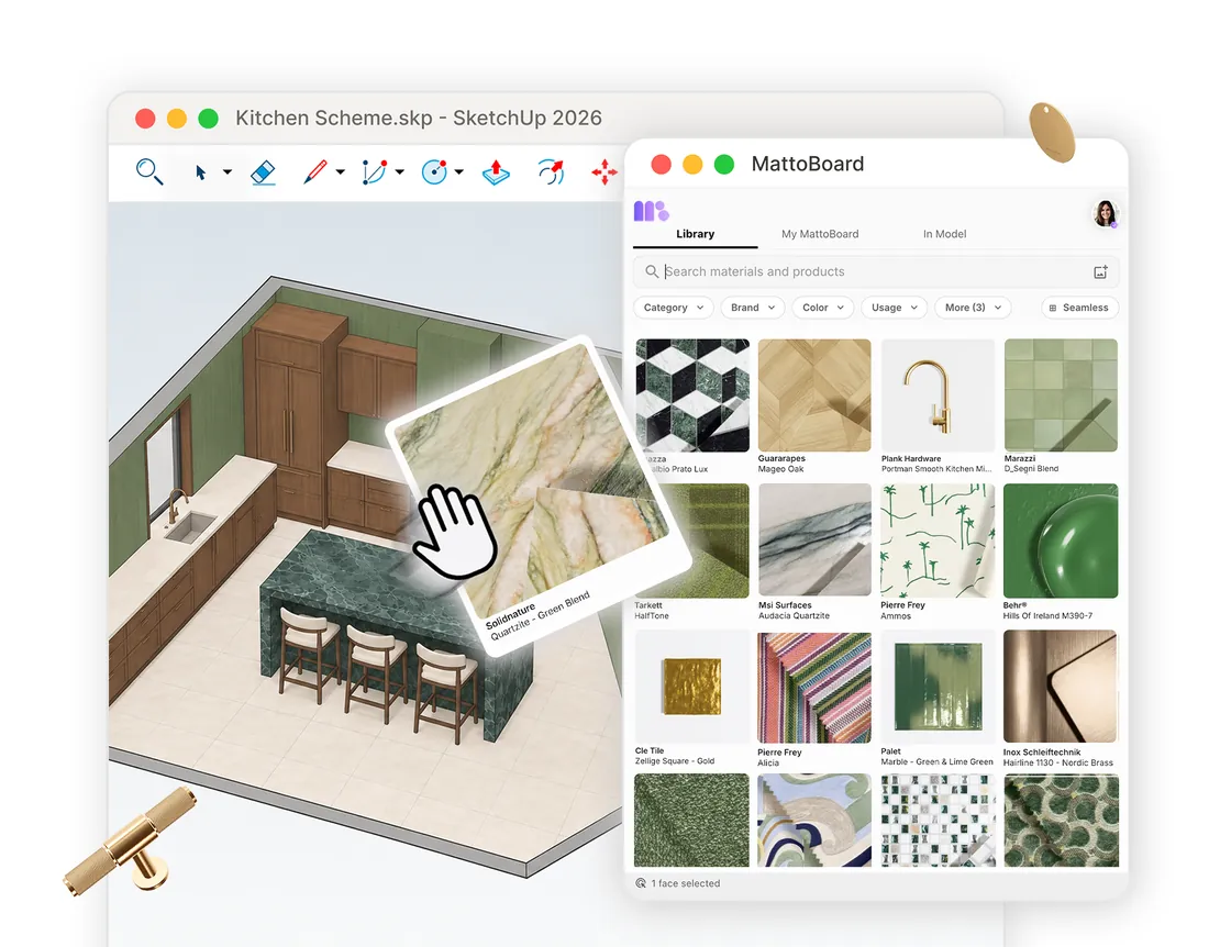 Dragging a real quartzite from the MattoBoard library onto a selected face of a SketchUp kitchen model