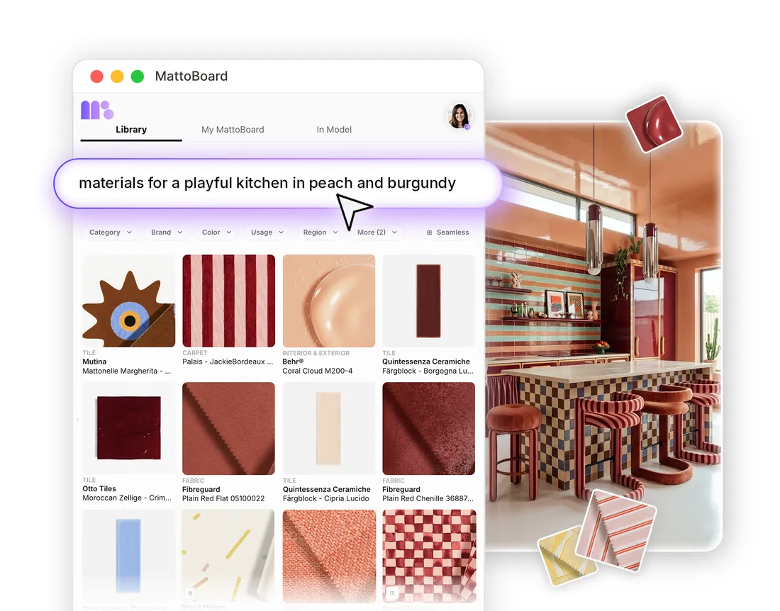 Searching “materials for a playful kitchen in peach and burgundy” in the MattoBoard SketchUp extension
